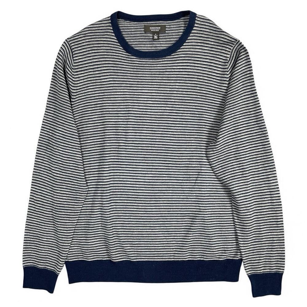 Nordstrom Mens Shop Striped Merino Wool Blend Sweater Men L Knit 90s Grunge Blue